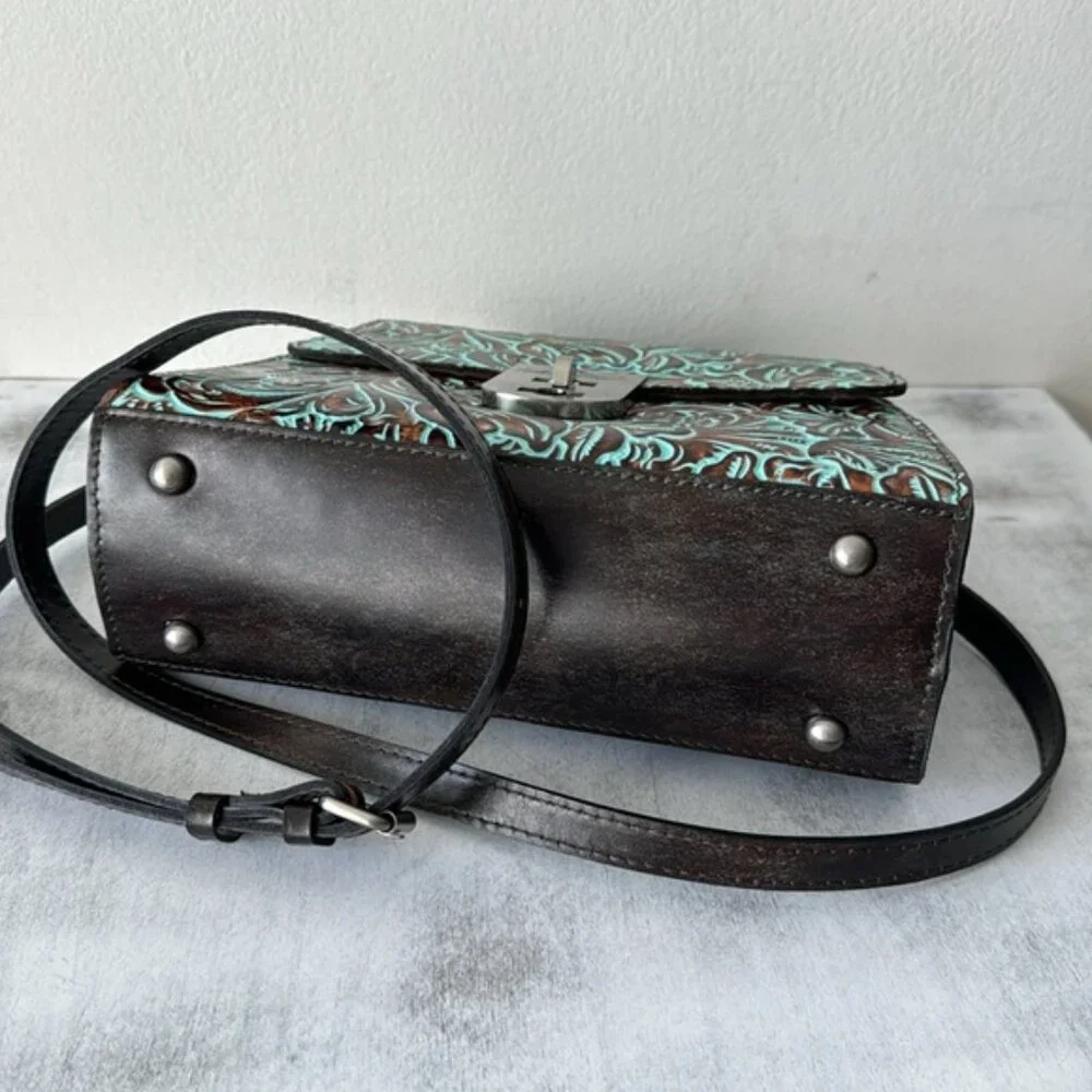 Patricia Nash Leather Tooled Chauny Turquoise Handbag Crossbody Top Handbag